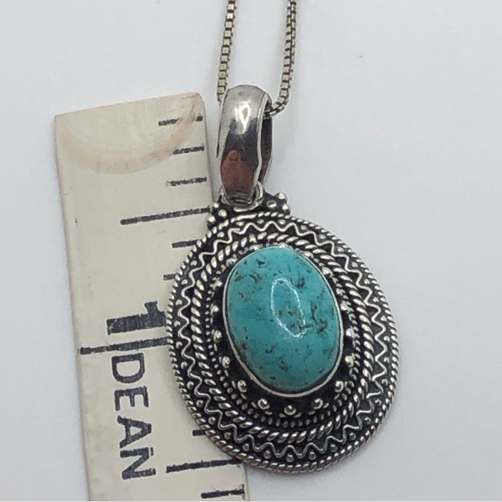 Vtg Sterling & Turquoise Oval Cabochon Pendant w Chain Boho Tribal / 18” + 1.6” - Picture 7 of 8